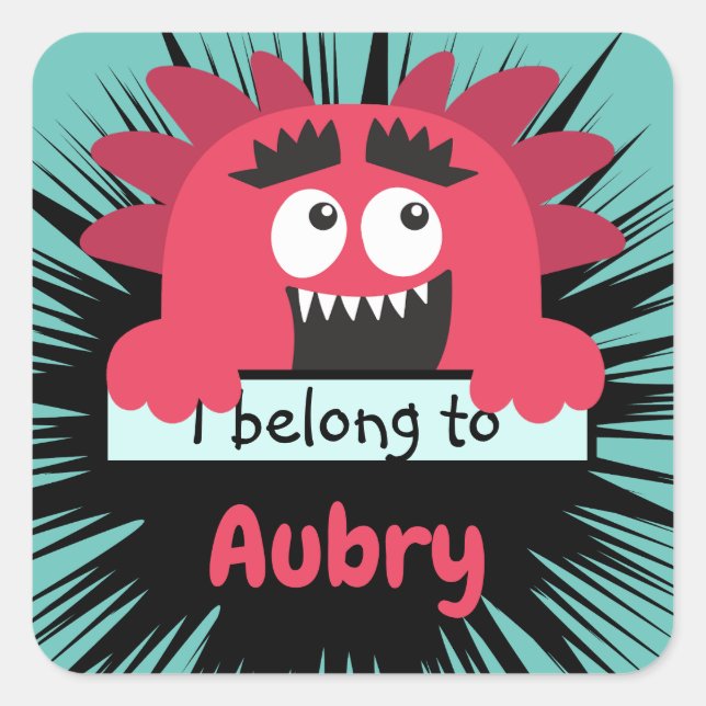 Funny Red Monster School Buddy Personalised Square Sticker (Front)