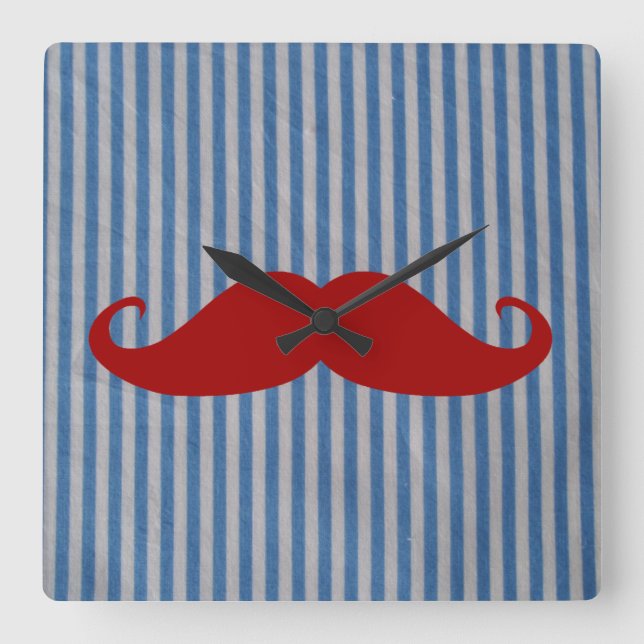 Funny Red Moustache And Blue White Stripes Square Wall Clock (Front)
