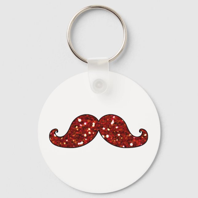 FUNNY RED MUSTACHE PRINTED GLITTER KEY RING (Front)