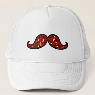 FUNNY RED MUSTACHE PRINTED GLITTER TRUCKER HAT