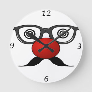 Funny Red Nose weird eyes glasses moustache Round Clock