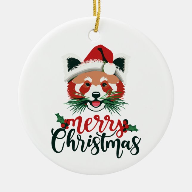 Funny Red Panda Merry Christmas Ceramic Tree Decoration (Front)