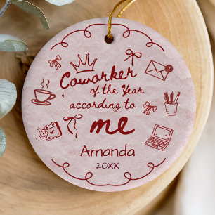 Funny Red Pink Doodle Hand Drawn Coworker Quote Ceramic Tree Decoration