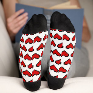 Funny red pixel heart pattern Valentine's Day Socks