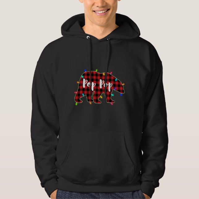 Funny Red Plaid Christmas Lights Pop Pop Bear Xmas Hoodie (Front)