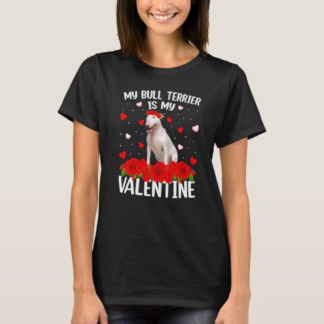 Funny Red Rose Flower Heart Bull Terrier Dog Valen T-Shirt (Front)