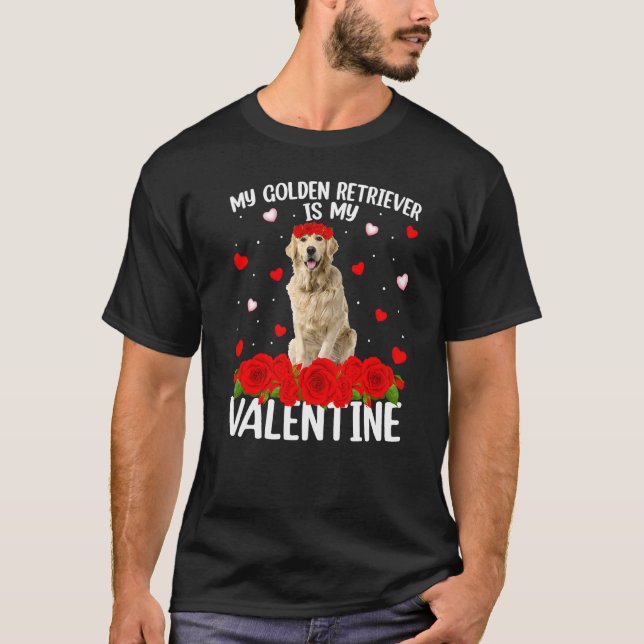 Funny Red Rose Flower Heart Golden Retriever Dog V T-Shirt (Front)