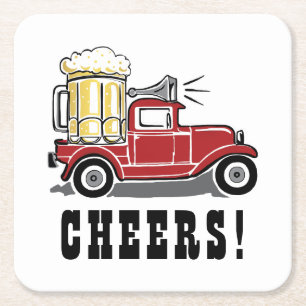 Funny Red Vintage Truck Beer Glass Cheers! Square Paper Coaster