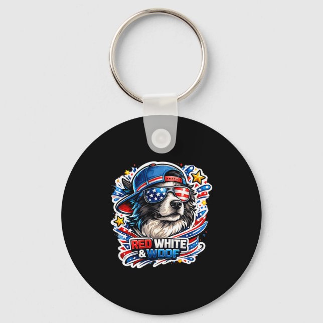 Funny red white and woof border collie dog key ring (Front)