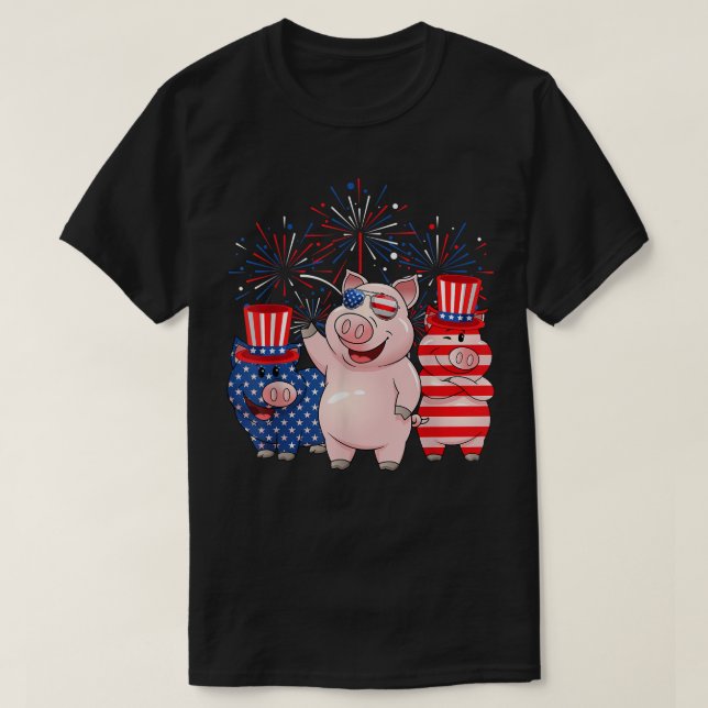 Funny Red White Blue Pig American Flag Farmer 4th  T-Shirt (Design Front)