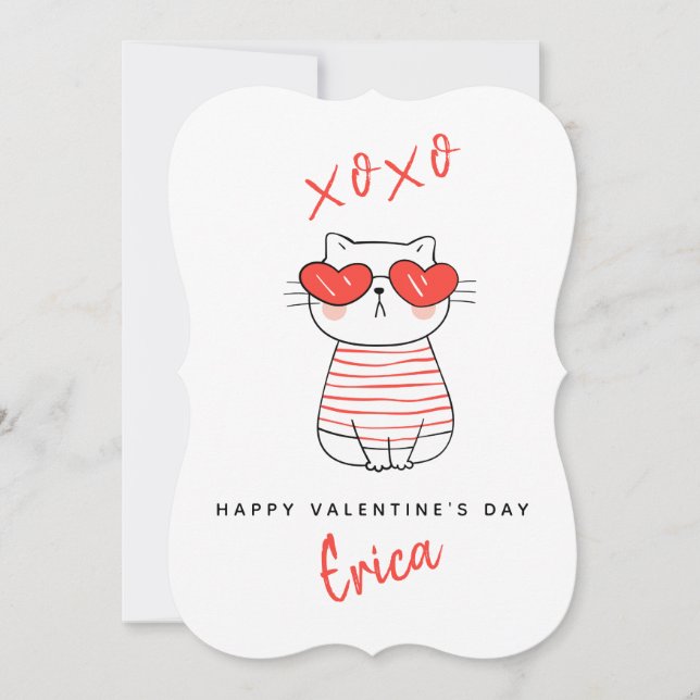 Funny Red & White Cat Personalised Valentine Card (Front)
