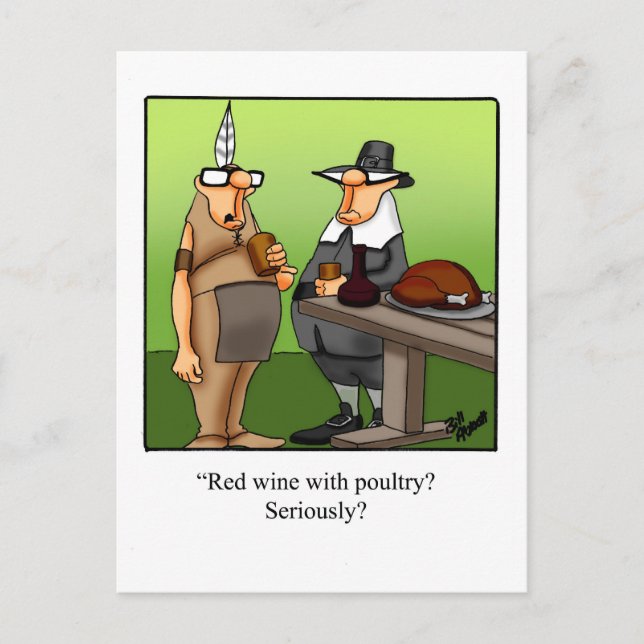 Funny Red Wine With Poultry Thanksgiving Postcard (Front)