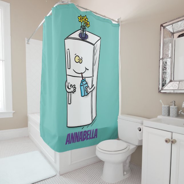 Funny refrigerator cartoon illustration shower curtain (In Situ)