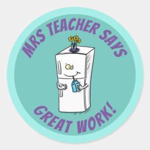 Funny refrigerator cartoon teacher award classic round sticker