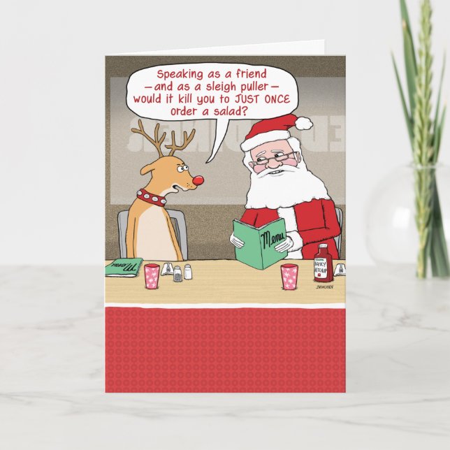 Funny Reindeer and Santa Claus Christmas Holiday Card (Front)
