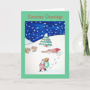 funny reindeer and santa snow scene for christmas holiday card