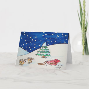 funny reindeer and sleigh in snow scene christmas holiday card