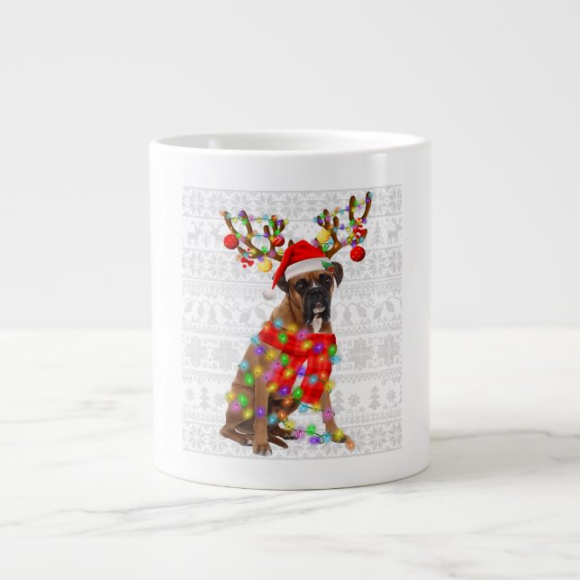 Funny Reindeer Boxer Dog Christmas Lights Large Coffee Mug (Front)