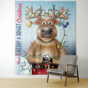 Funny Reindeer Christmas Holiday Backdrop Tapestry