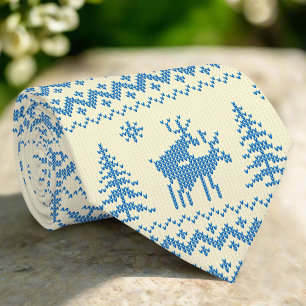 Funny Reindeer Christmas Tree Snow Blue Pattern Tie
