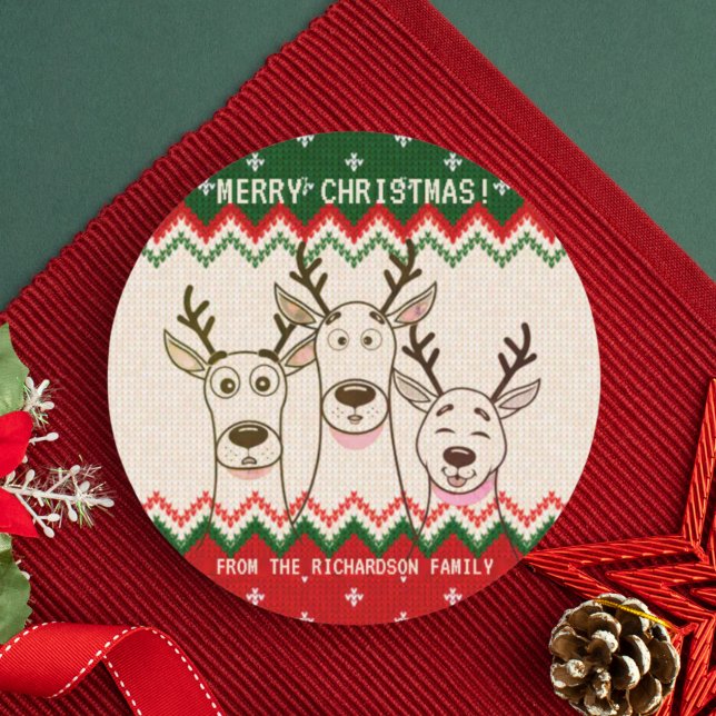 Funny Reindeer Custom Christmas Family  Classic Round Sticker (Creator Uploaded)