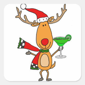 Funny Reindeer Drinking Margarita Christmas Art Square Sticker