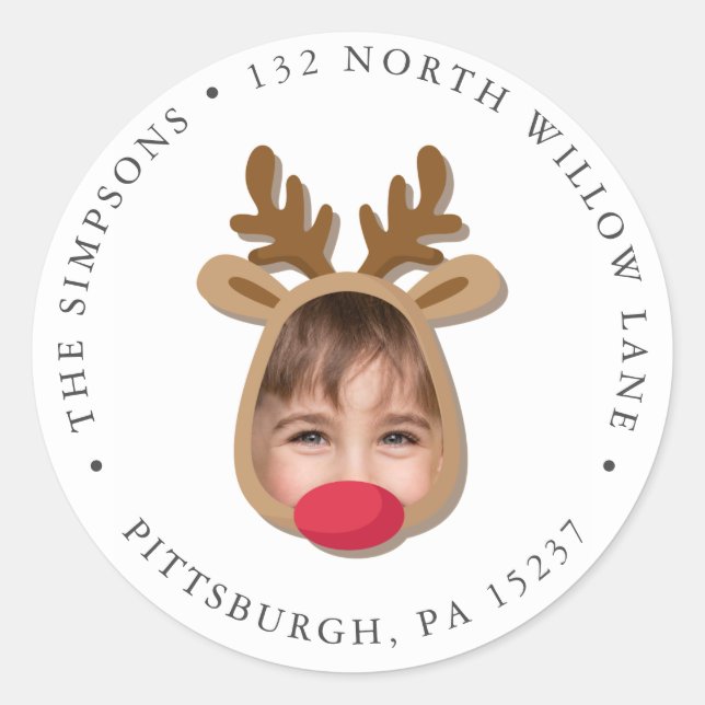 Funny Reindeer Face Return Address Classic Round Sticker (Front)