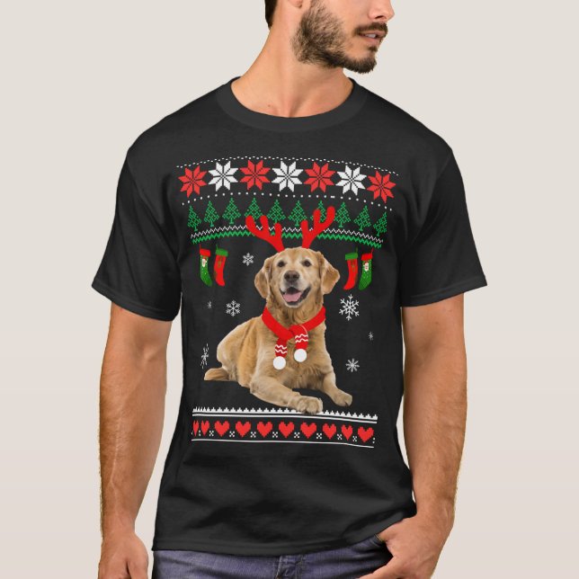 Funny Reindeer Golden Retriever Ugly Christmas Gol T-Shirt (Front)