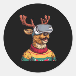 Funny Reindeer In Christmas Sweater And Vr Headset Classic Round Sticker