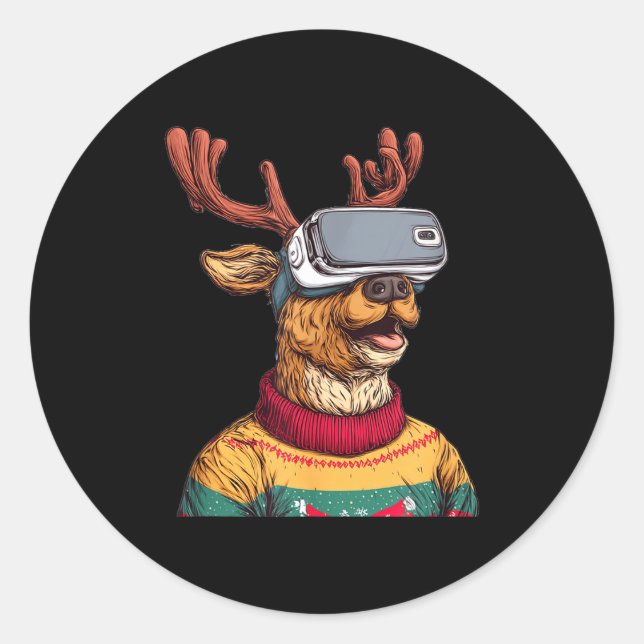Funny Reindeer In Christmas Sweater And Vr Headset Classic Round Sticker (Front)