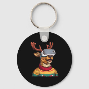 Funny Reindeer In Christmas Sweater And Vr Headset Key Ring