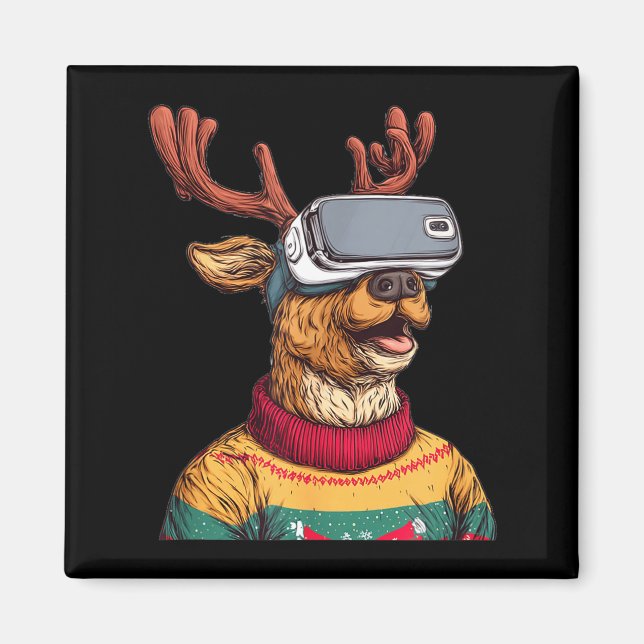 Funny Reindeer In Christmas Sweater And Vr Headset Magnet (Front)