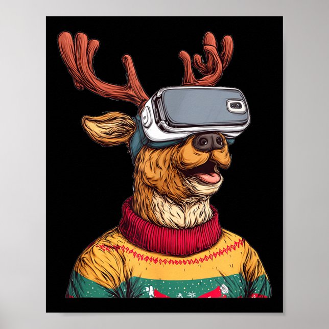 Funny Reindeer In Christmas Sweater And Vr Headset Poster (Front)