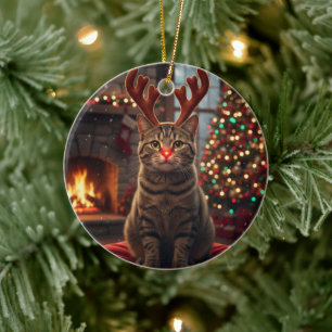 Funny Reindeer Kitty Rudolph Cat Christmas  Ceramic Tree Decoration