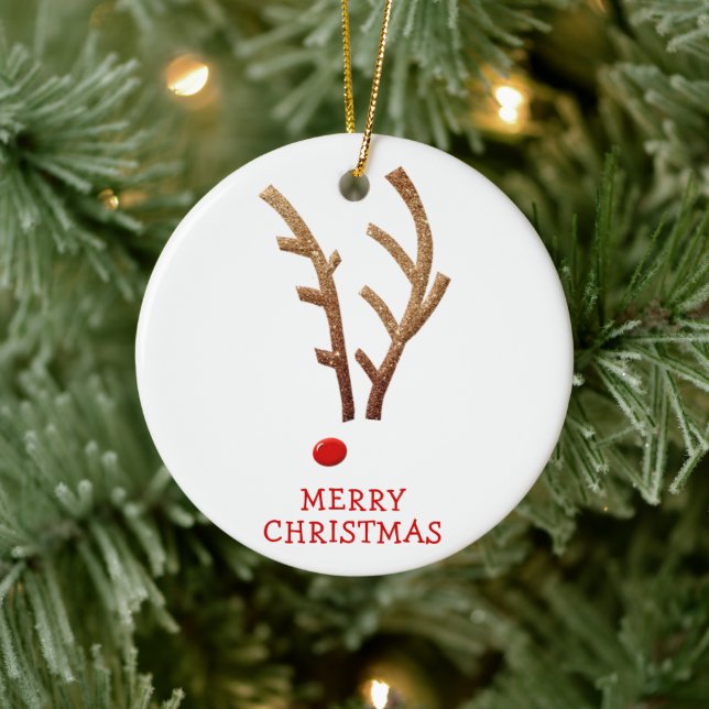Funny Reindeer MERRY CHRISTMAS Photo Name Ceramic Tree Decoration (Tree)