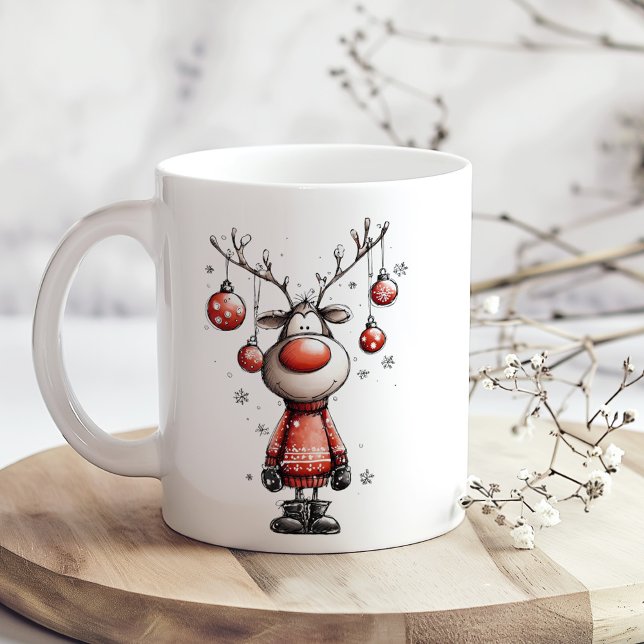 Funny Reindeer Mug – Oh Deer Christmas! (Funny Reindeer Mug – Oh Deer Christmas! on a boho wooden table with tiny white flowers)
