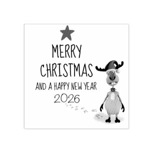 Funny Reindeer New Year Christmas Tree 2026 Rubber Stamp