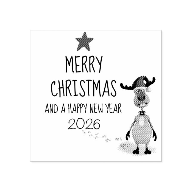 Funny Reindeer New Year Christmas Tree 2026 Rubber Stamp (Imprint)