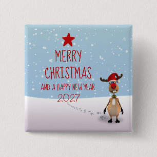 Funny Reindeer New Year Tree Christmas 2027 15 Cm Square Badge
