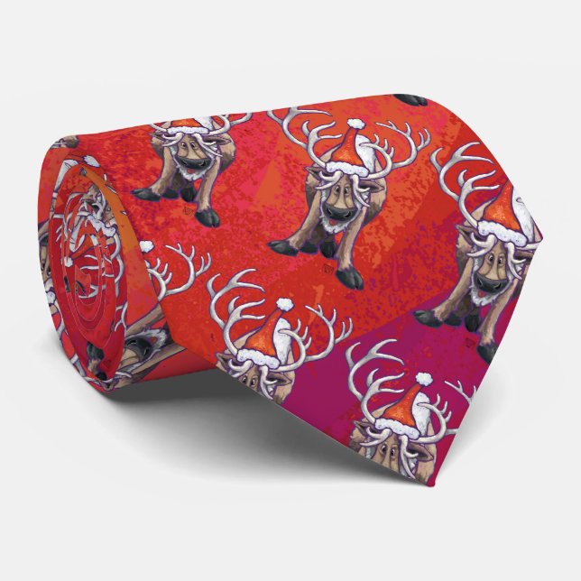 Funny Reindeer Pattern on Red Tie (Rolled)
