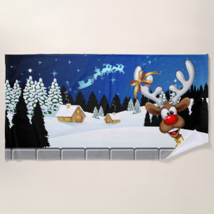Funny Reindeer Peeking Christmas Meme  Beach Towel