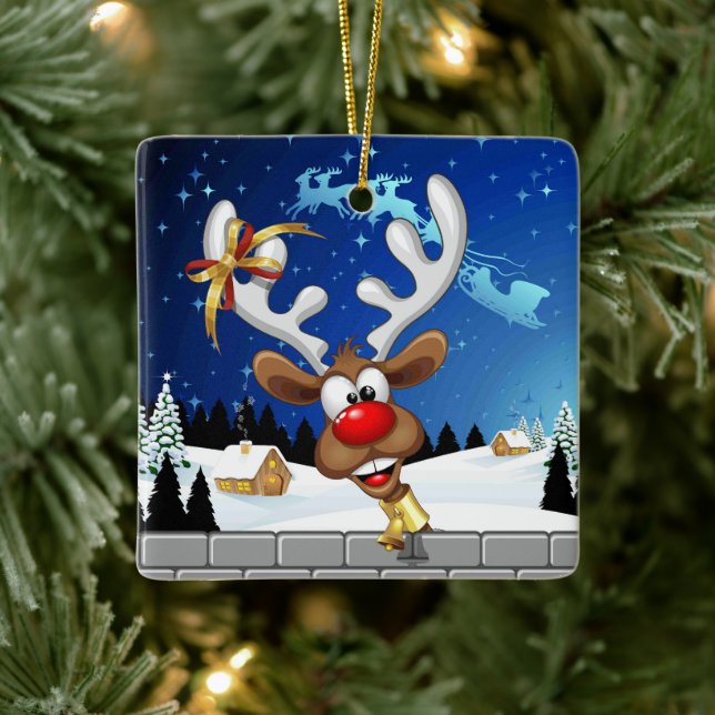 Funny Reindeer Peeking Christmas Meme  Ceramic Ornament (Tree)