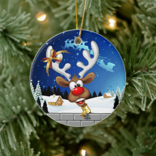Funny Reindeer Peeking Christmas Meme  Ceramic Tree Decoration