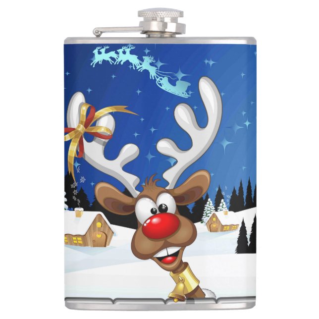 Funny Reindeer Peeking Christmas Meme  Hip Flask (Front)