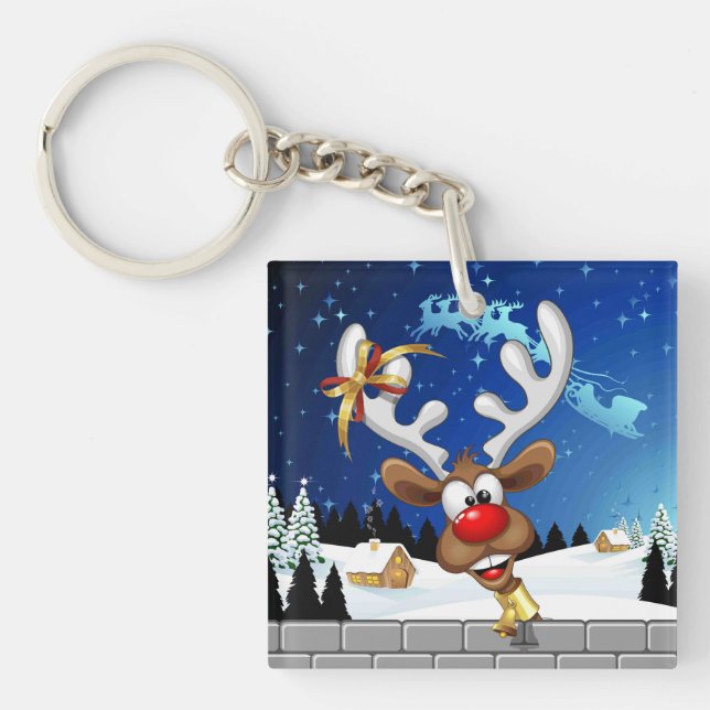 Funny Reindeer Peeking Christmas Meme  Key Ring (Front)