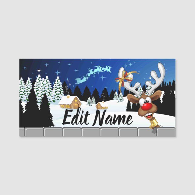 Funny Reindeer Peeking Christmas Meme  Name Tag (Front)
