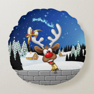 Funny Reindeer Peeking Christmas Meme  Round Cushion