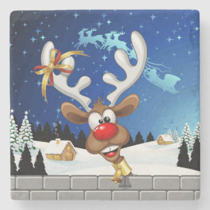 Funny Reindeer Peeking Christmas Meme Stone Coaster