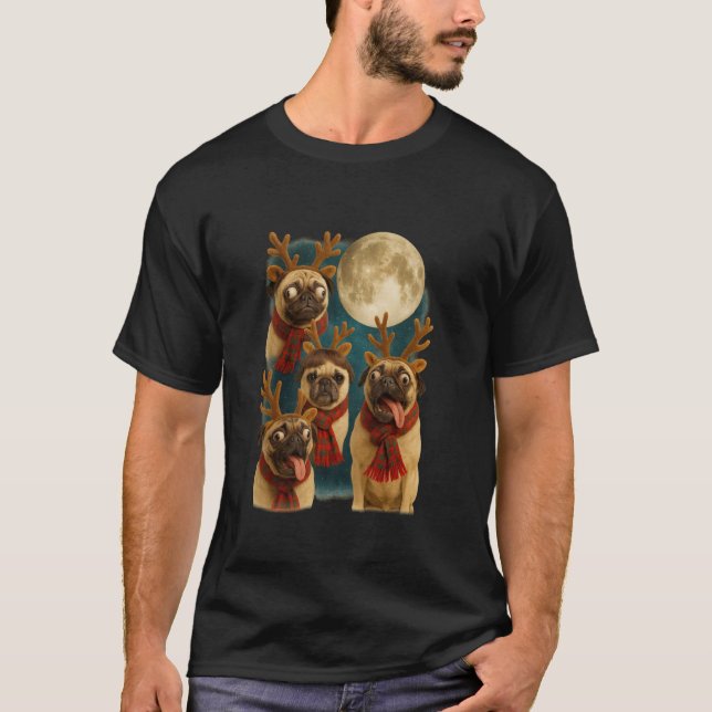 Funny Reindeer Pugs Meme Fullmoon Christmas  T-Shirt (Front)