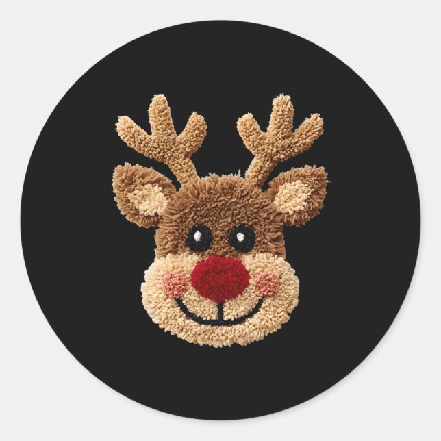 Funny Reindeer Rudolph Crochet Merry Christmas Xma Classic Round Sticker (Front)